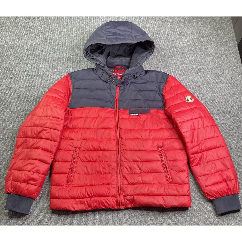 Members Only Puffer Jacket Mens Large Red Navy Blue Colorblock Hooded MO-TECH‎